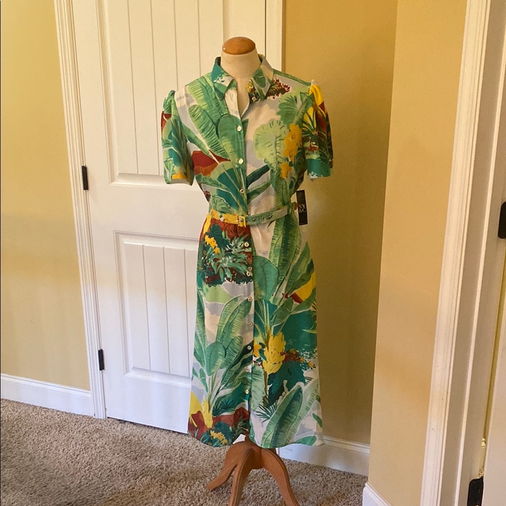 Tropical Green Floral Shirt Dress